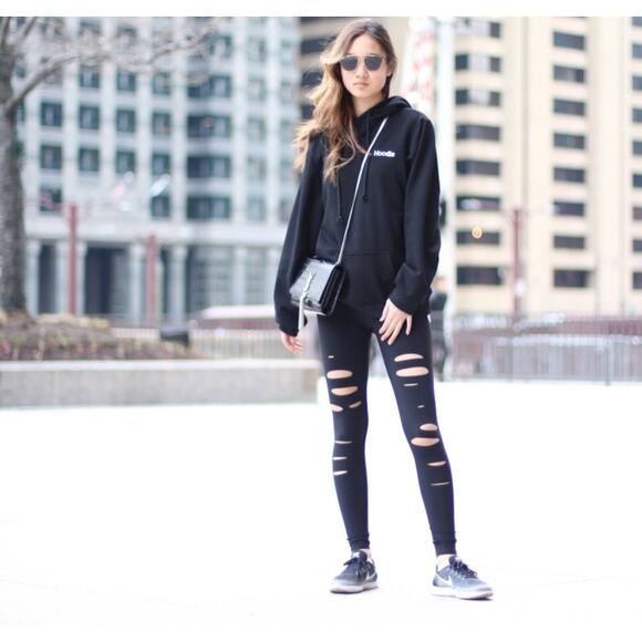 Alo Yoga Pants - Alo Yoga Ripped Warrior Leggings, Black, Airbrush Knit, High Waist Laser-Cut Fit